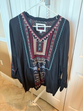 Johnny Was Black V-Neck Tunic with Multicolor Embroidery